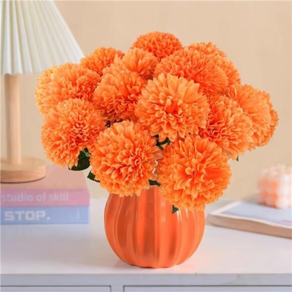 12Pcs Artificial Chrysanthemums Flowers Ball Flower,Orange Fake Mums Silk Flower - Picture 3 of 8